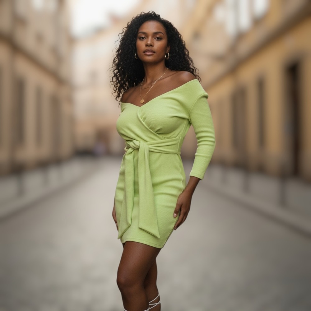 The Line by K Saloma Lime Green Ribbed Off-Shoulder Wrap Mini Dress XS